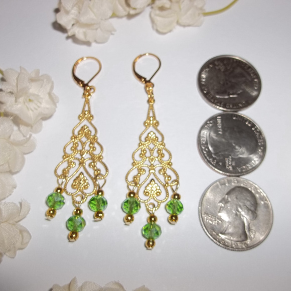 Chandelier Earring Set Statement Green & Gold 4888 - Picture 3 of 8